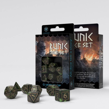 Dados Q Workshop Runic Green & Gold Dice Set