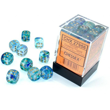 Dados Chessex 12mm D6 Oceanic / Gold Luminary (36 Unidades)