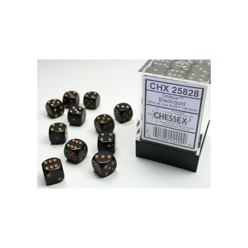 Dados Chessex Opaque 12mm D6 (36 Unidades) Pips Black Gold | Accessorios | Gameria