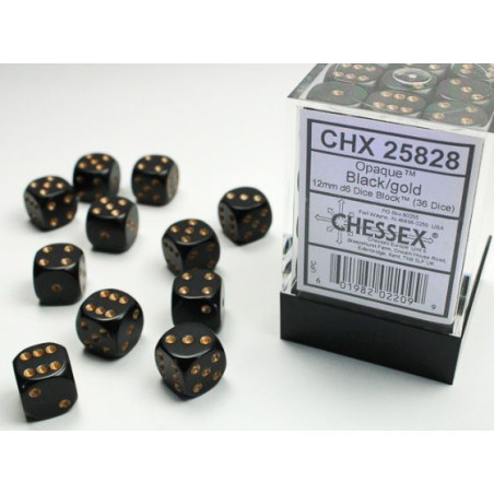 Dados Chessex Opaque 12mm D6 (36 Unidades) Pips Black Gold
