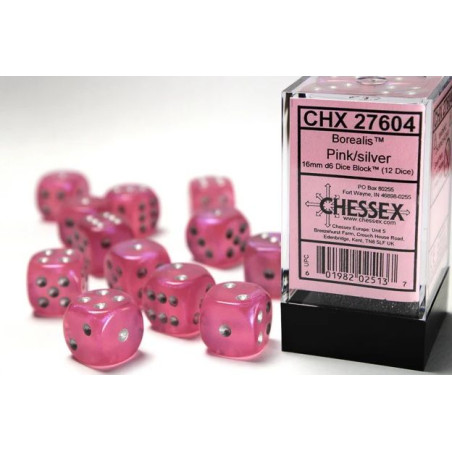 Dados Chessex Borealis 16mm D6 (12 Unidades) Pink Silver