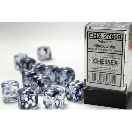 Dados Chessex Nebula 16mm D6 (12 Unidades) Black White