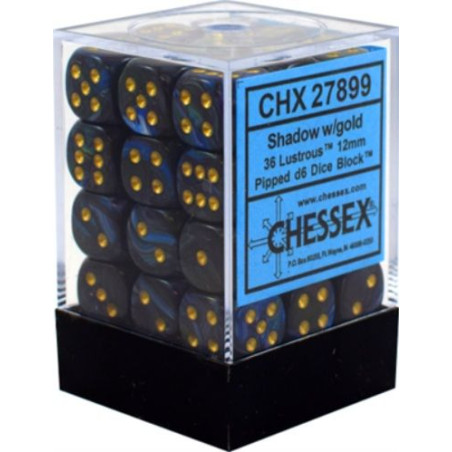 Dados Chessex Signature 12mm D6 with Pips Dice Blocks Lustrous Shadow w/Gold (36 Unidades)